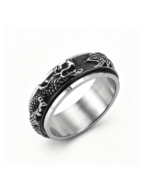 Mens Stainless Steel Dragon Spinner Fidget Rings for Men Women,Silver Rotatable Vintage Dragon Signet Carved Biker Band Anxiety Ring for Men,Man Punk Motorcycle Ring Jewelry,Size 7-12