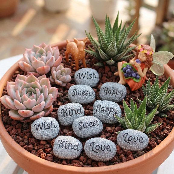 SELIVO Mini Inspirational Stone Set for Fairy Garden,10Pcs Engraved Words Pebbles for Plant Pots,Succulent Planter Decor,Small Decorative Rocks for Indoor Outdoor Garden (0.6 X 0.9 Inch)