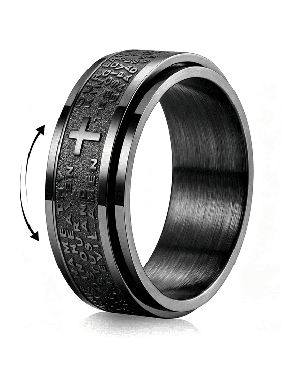 Stainless Steel Fidget Ring for Men Women Lords Prayer Cross Ring | Anxiety Relief Spinner Ring 8MM Mens Wedding Band Daily Engagement Promise Rings Jewelry Gift Comfort Fit Size 6-14