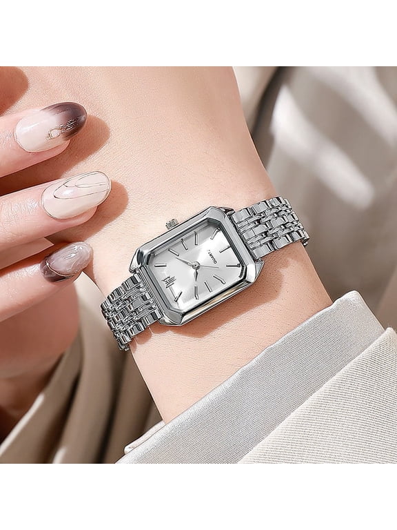 Vintage Rectangle Wristwatch for Women Classic Quartz Watch Ultra-Thin Ladies Bracelet Watch Business Dress Watches Silver with White Face, Ultra-Thin Silver Watch for Women