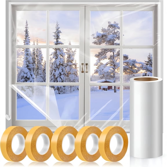 SELIVO Window Insulation Kit,63394 In Plastic Window Coverings for Winter,Thicken Window Shrink Film Insulator Kit Windows Waterproof Winterizing with 5 Double-Sided Tape for 10 Pcs 3 x 5 Ft Windows