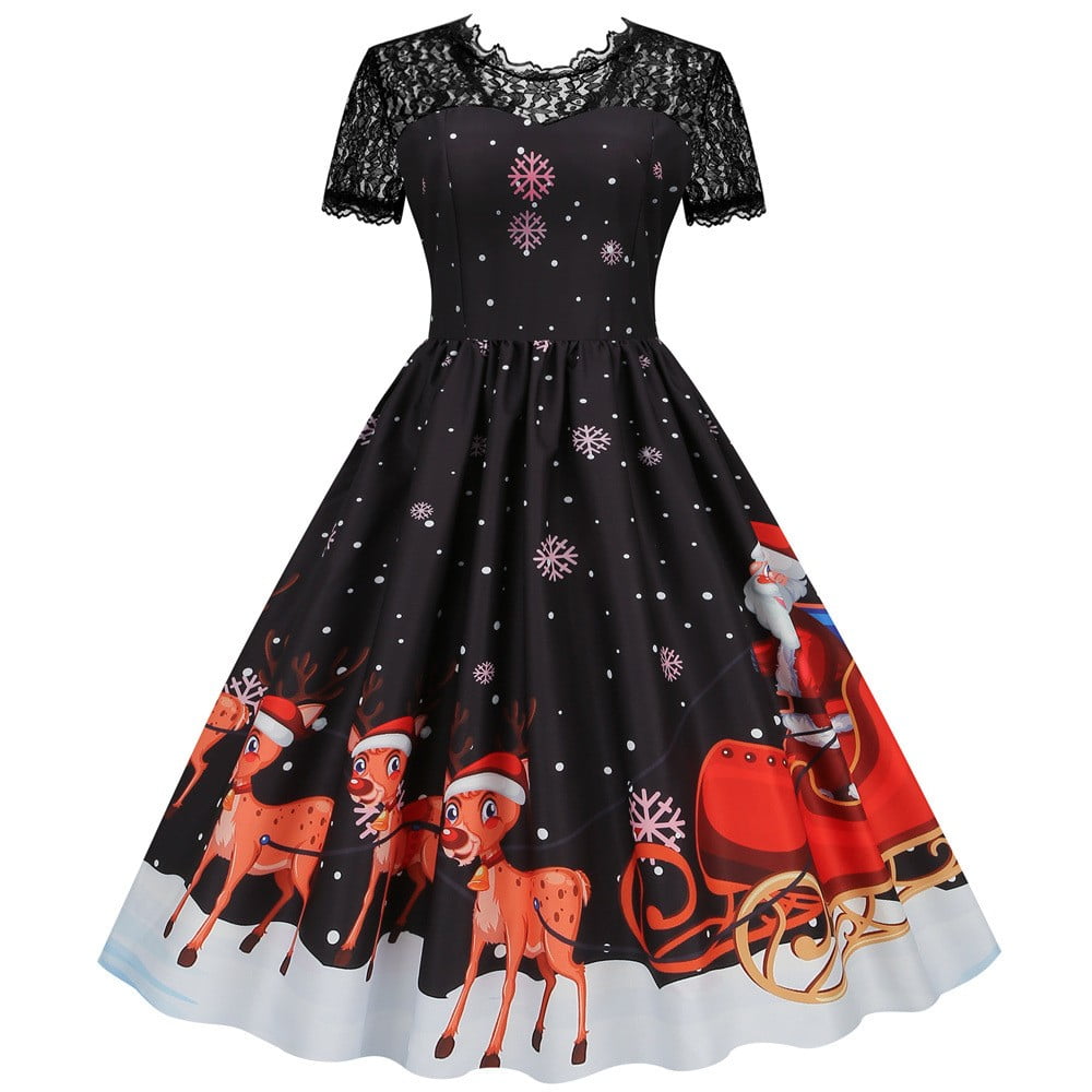 SELONE 1950s Dress for Women Christmas Short Sleeve Cocktail Dress Crew