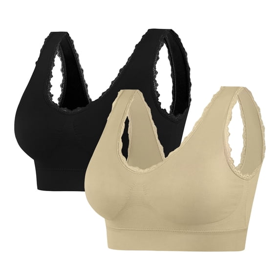 SELONE 2 Pack Padded Sports Bras for Women Lace Wireless Seanless Lightly Padded Bra T-Shirt Bralettes Soft Underwear