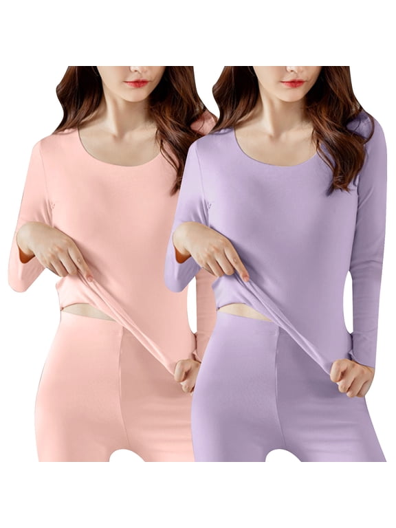 2 Pack Undershirts Long Sleeve Women Thermal Seamless Dralon T-Shirt Crewneck Pullover Tight Home Clothes Purple
