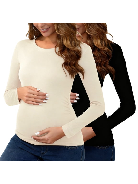 2 Pack Women Maternity Shirts Spring Stretchy Bump Flattering Pullover Crewneck Long Sleeve Tops Outerwear