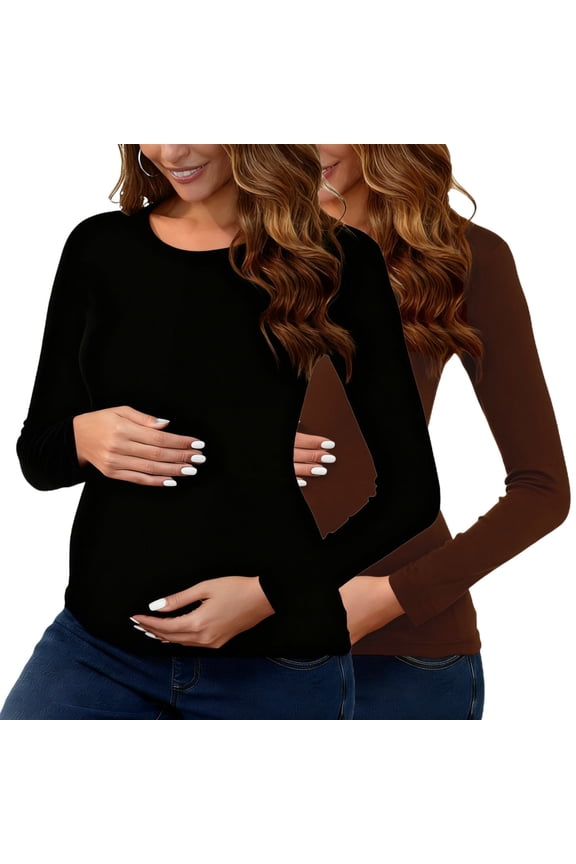 2 Pack Women Maternity Shirts Spring Stretchy Bump Flattering Pullover Crewneck Long Sleeve Tops Outerwear