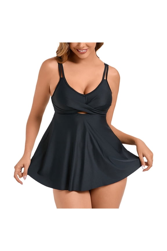 2 Piece Bathing Suits for Women over 60 Summer Plus Size Swimsuits 2PCS Bathing Suits Tankini Swim Dress with Low Waist Shorts Swimwear Black M