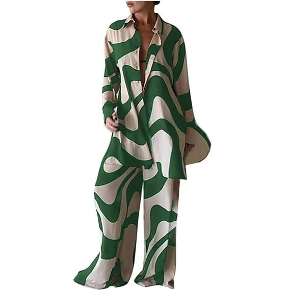 SELONE 2 Piece Outfits Lounge Sets for Women Ladies Fashion Casual Trend Print Loose Long Sleeve Shirt Straight Leg Pants Suit 29-Green S