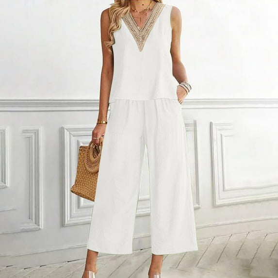 SELONE 2 Piece Outfits for Women Summer Linen Sleeveless Crop Button Back Tank Top Pocket Wide Leg Capri Pants Sets Crew Neck Summer Sets Fashion Suits Beach Outfits Solid Plus Size Two Piece Outfits