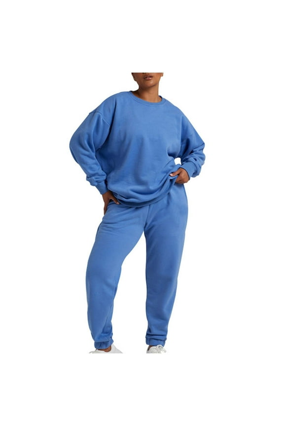 2 Piece Workout Sets For Women Long Sleeve Pullover Hooded Tops Long Sweatpants Crew Neck Sweat Suits Loose Taper Leg Gym Sets Pockets Solid Jogger Sets Streetwear Fall Wintern Clothes Blue