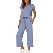 SELONE 2 Piece Workout Sets for Women Striped Tracksuits Short Sleeve Tops and Wide Leg Pants Dressy Wear with Pockets