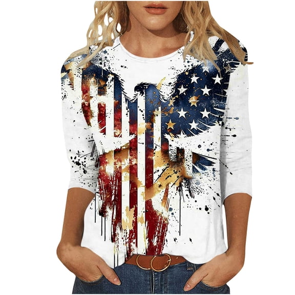 SELONE 3/4 Length Sleeve Womens Tops Memorial Day Crewneck July 4th Apparel Red White Blue Wear Clothes Gifts Activewear L