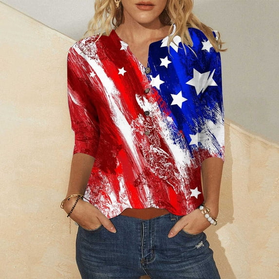 SELONE 3/4 Sleeve Shirts for Women Dressy Summer Three-Quarter Sleeve Tops Regular Fit T Shirts Pullover Tees Tops Usa Flag Print T-Shirts Crew Neck Tops Casual Blouses Button Down T Shirts Blue S