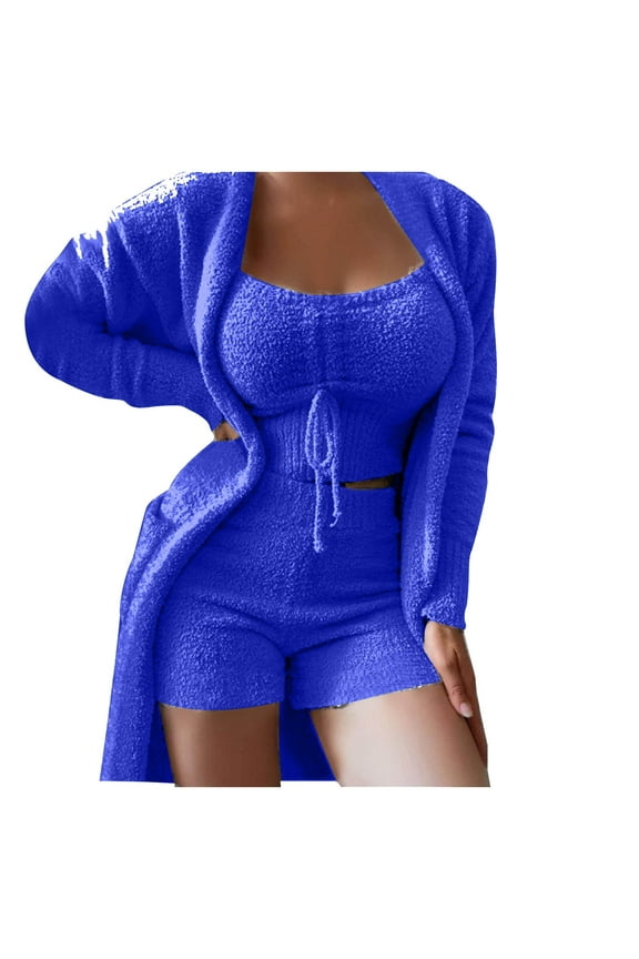 3pc Sets for Women Outfit Fashion Slim Lace Elastic Waist Long Sleeve Casual Three Suit Pajamas Dark Blue S