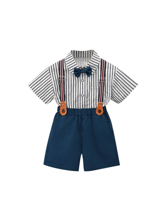 4 Piece Sets for Boys Preppy Uniform Stripes Button Down Shirts Overall Shorts Bow Tie 4 Piece Clothes 1-12Y