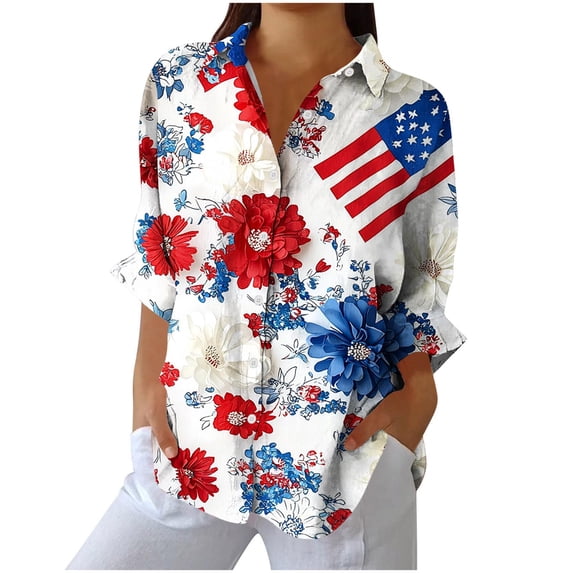 SELONE 4th of July Button up Shirt Women Hoilday Tops Collared Long Sleeve Clothes Independence Patriotic Graphic Wear