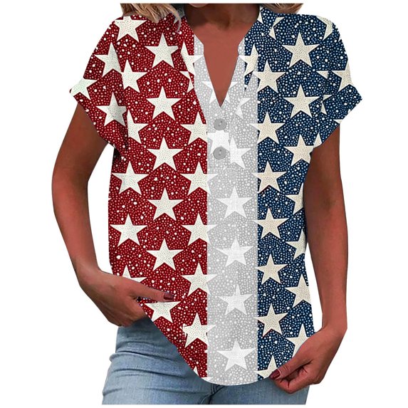 SELONE 4th of July Summer Shirts for Women Star Pullover Buttons V Neck Short Sleeve Tops Patriotic Graphic Clothes