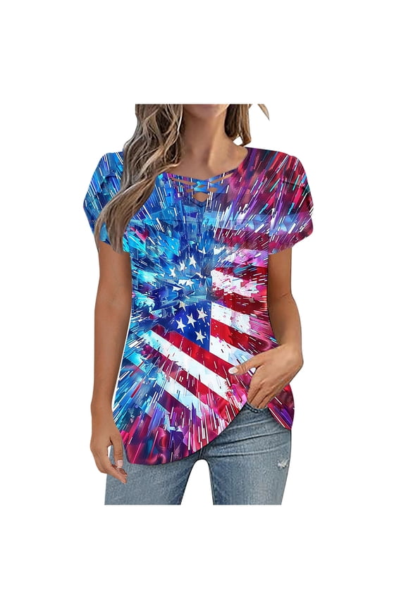 4th of July Womens T Shirt Star Independence Tops V Neck Short Sleeve Clothes Patriotic Graphic Wear
