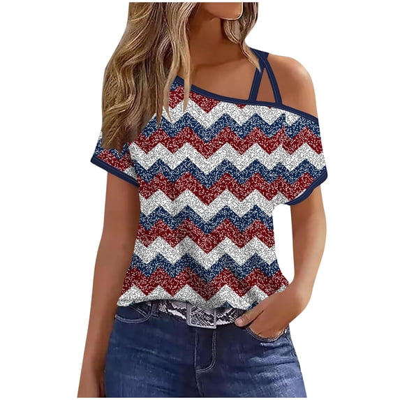 SELONE 4th of July Work Shirts for Women Stripe Pullover One Shoulder Short Sleeve Tops Patriotic Graphic Clothes