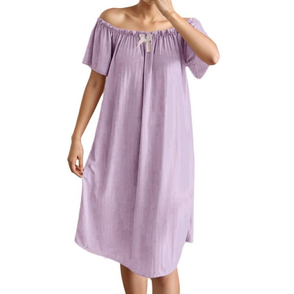 Lorytime Bathrobe for Women Plush Bow Built in Bra Off Shoulder Nightgown Short Sleeve Sleepwear Soft Loungewear Purple M