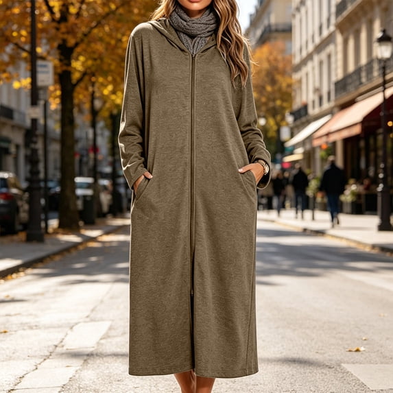 SELONE Bathrobes for Women Zip Front Plus Size Long Dress Full Zip Long Sleeve Hooded Robe with Pockets Cozy Homewear