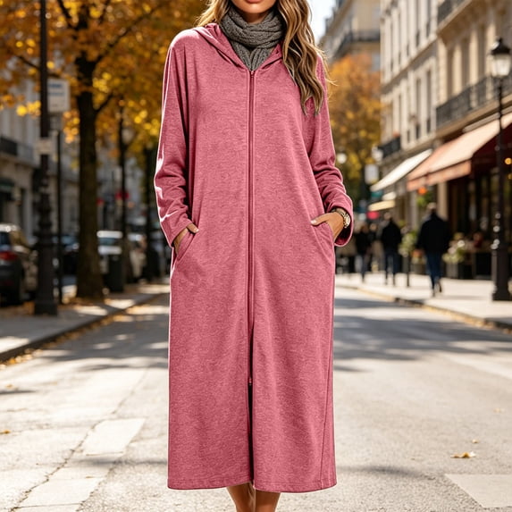 SELONE Bathrobes for Women Zip Front Plus Size Long Dress Full Zip Long Sleeve Hooded Robe with Pockets Cozy Homewear