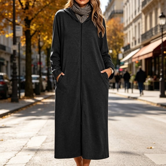 SELONE Bathrobes for Women Zip Front Plus Size Long Dress Full Zip Long Sleeve Hooded Robe with Pockets Cozy Homewear