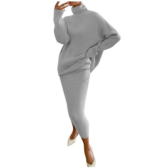 SELONE Beach Dresses for Women 2 Piece Outfits Skirt Sets Plus Size Casual Solid Knitting Slimming Hip Wrap Long Sleeve Turtleneck Sweaters Skirt Suit 22-Gray XXXL