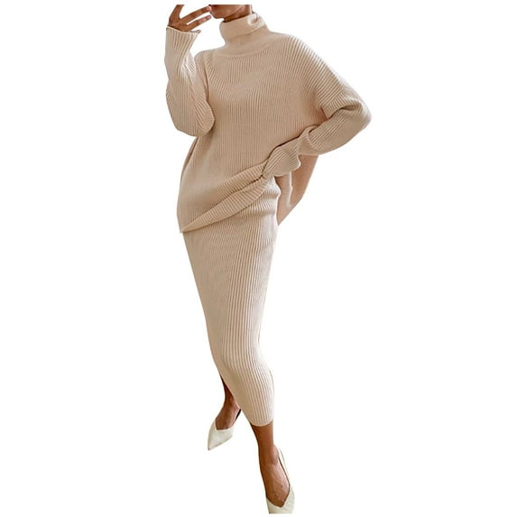 SELONE Beach Dresses for Women 2 Piece Outfits Skirt Sets Plus Size Casual Solid Knitting Slimming Hip Wrap Long Sleeve Turtleneck Sweaters Skirt Suit 22-Beige XXXXXL
