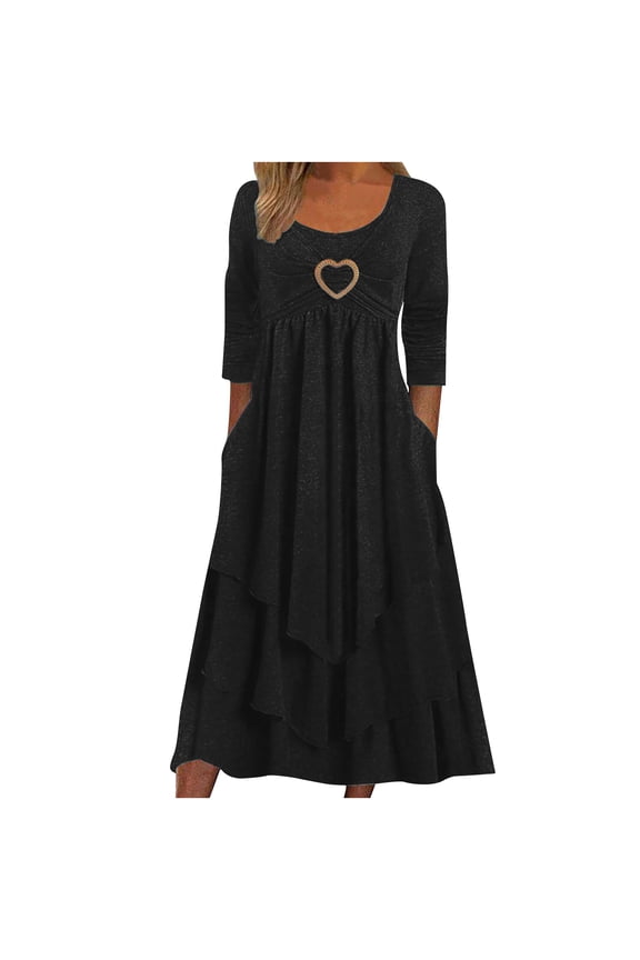 Beach Dresses for Women Casual Summer Spring Long Sleeve Casual Backless Lace Fashion Three Quarter Sleeve Patchwork Evening Long Midi Dresses for Everyday Wear Beach Vacation Black XXL