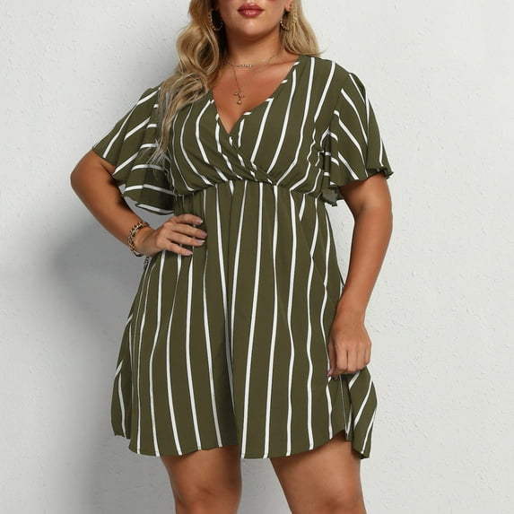 SELONE Beach Dresses for Women Summer Casual Boho Wrap Short Sleeve V Neck Fashion Loose Print Midi Dresses for Women Plus Size Dress for Everyday Wear Beach Vacation Day to Night Army Green L