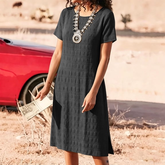 SELONE Beach Dresses for Women Split Casual Dresses Short Sleeve Midi Sundress Crew Neck Lounge Casual Clothes Black M