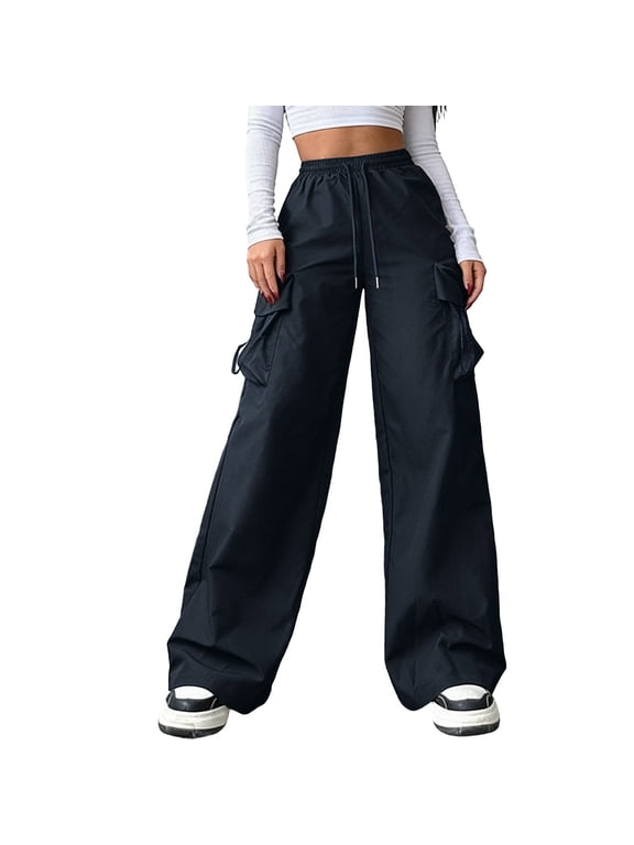 Black Cargo Pants Women Straight Leg Pants Elastic Waist Drawstring Trousers with Pockets Outerwear L