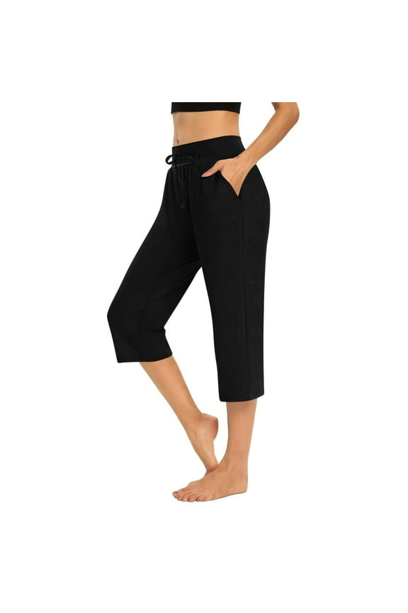 Black Casual Capri Pants for Women Mid Waist Plus Size Workout Pants with Pockets Elastic Waist Workout Pants for Work out Drawstring Solid Yoga Tapered Lightweight 2XL Breathable Gym Clothes
