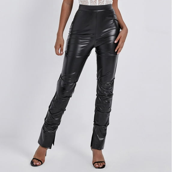 SELONE Black Leather Pants for Women High Waist Plus Size Trousers with Pockets Full Length Lounge Pants Casual Long Trendy Pants Pull on Solid Straight Leg Lightweight Comfy L Summer Clothes