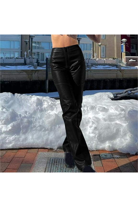 Black Leather Pants for Women High Waist Trousers with Pockets Leather Faux Full Length Lounge Pants Casual Long Trendy Pants Pull on Solid Straight Lightweight Comfortable L Summer Clothes
