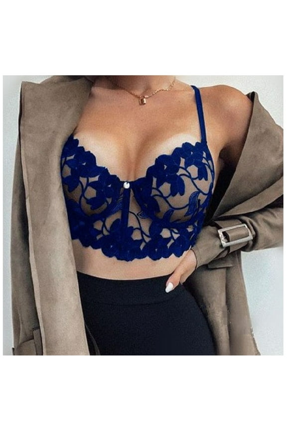 Black Lingerie Tops Womens Corset Tops Lace without Underwire Casual Sleeveless Spaghetti Strap Bralette Unlined V Neck Bra Full Coverage Non-Padded Bralettes Lingerie Y2k Camisole Blue L