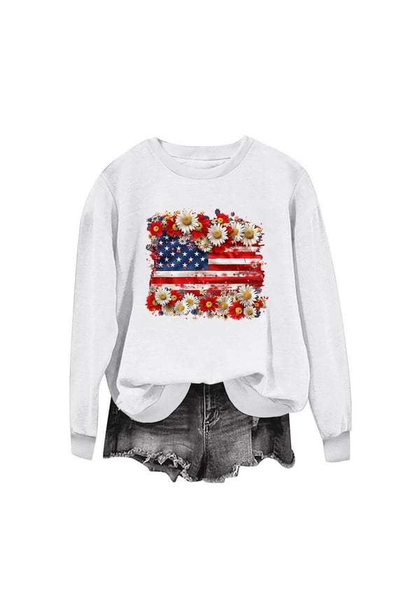Black Long Sleeve Shirt for Woman 4th of July Patriotic Graphic Pullover Crewneck Tops Festival Clothes