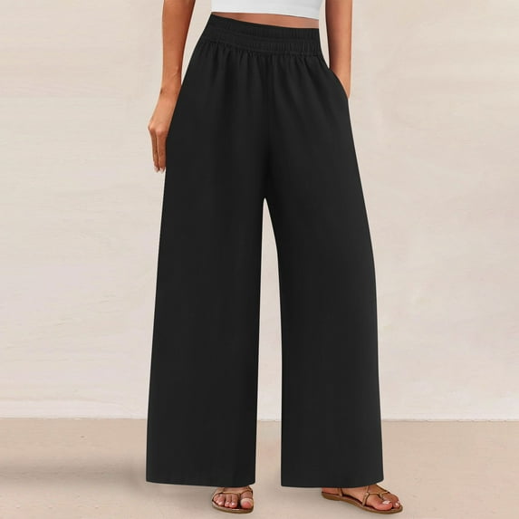 SELONE Black Palazzo Pants for Women Casual Plus Size Lounge Pants with Pockets Cotton Linen Wide Leg Elastic Waist Full Length Trouser Loose Long Beach Pants Solid XL Tall Breathable Summer Clothes