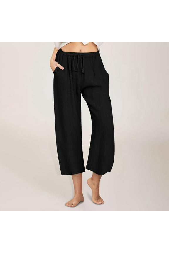 Black Palazzo Pants for Women Petite Crop Plus Size Lounge Pants Cotton Linen Wide Leg Elastic Waist Capri Trouser Loose Casual Beach Pants Drawstring Solid 2XL Breathable Summer Clothes