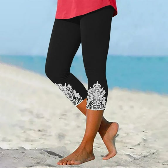 SELONE Black Plus Size Capri Leggings High Waist Gym Leggings Lace Summer Pants Curvy Slim Casual Vacation Pants Pull on Solid Soft Yoga Lightweight Comfy L Breathable Beach Pants