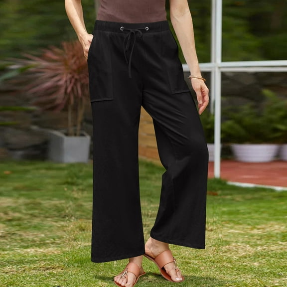 SELONE Black Wide Leg Trousers for Women Plus Size Lounge Pants Cotton Linen Wide Leg Full Length Trouser Loose Casual Long Beach Pants Pull on Solid Lightweight 3XL Tall Breathable Summer Clothes