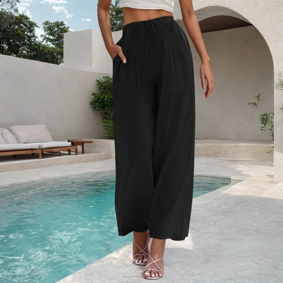SELONE Black Womens Pants Wide Leg Pull on Plus Size Lounge Pants with Pockets Cotton Linen Wide Leg Elastic Waist Full Length Trouser Loose Beach Pants Drawstring Solid 3XL Tall Summer Clothes