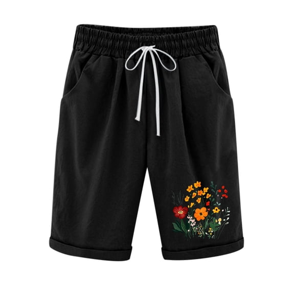 SELONE Black Womens Shorts with Pockets Mid Waist Plus Size Lounge Pants Elastic Waist Bermuda Trousers Loose Casual Trendy Pants Drawstring Flowers Lightweight Comfy XL Breathable Summer Clothes