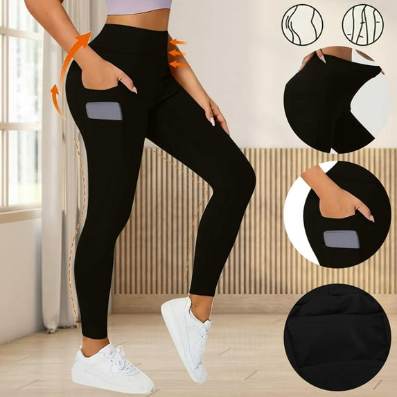 SELONE Black Yogalicious Leggings for Women Mid Waist Plus Size with Pockets Full Length Curvy Slim Casual Long Workout Pants for Work out Pull on Solid Lightweight S Breathable Butt Lift Gym Clothes