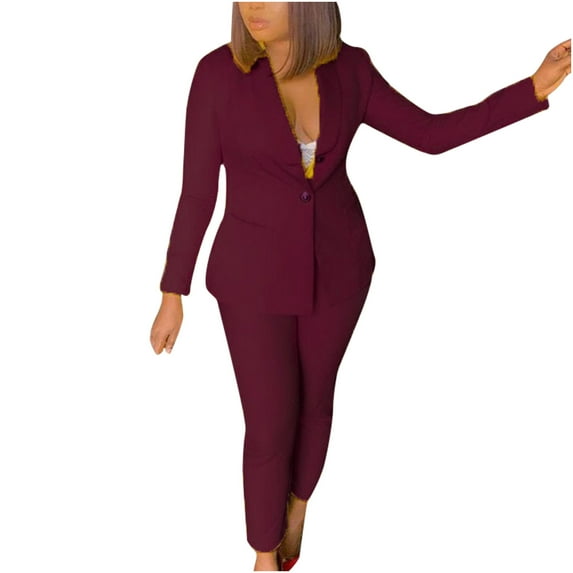 SELONE Blazer Jackets for Women 2 Piece Outfits Dressy Pants Sets Ladies Fashion Casual Slim Solid Color Suit Suit Office Two-piece Suit 36-Wine S