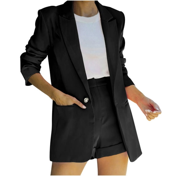 SELONE Blazer Jackets for Women 2 Piece Outfits Summer Pants Ladies Solid Turn Down Collar Jacket Long Sleeve Coat Outerwear Blazer 19-Black M