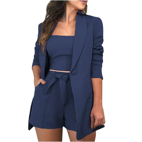 SELONE Blazer Jackets for Women Two Piece Outfits Dressy Summer Sets Solid Three-piece Suit With Vest + Suit Jacket + Shorts 23-Navy S