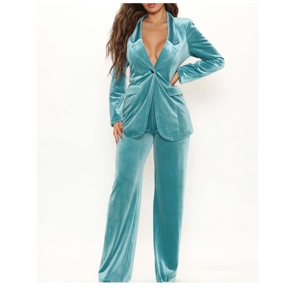 SELONE Blazer Jackets for Women Two Piece Outfits Plus Size Solid Color Long Sleeved Gold Velvet Suit Jacket Suit Pants Suit Suit Suit 4-Light Blue L