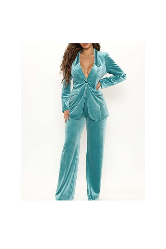 Blazer Jackets for Women Two Piece Outfits Plus Size Solid Color Long Sleeved Gold Velvet Suit Jacket Suit Pants Suit Suit Suit 4-Light Blue M
